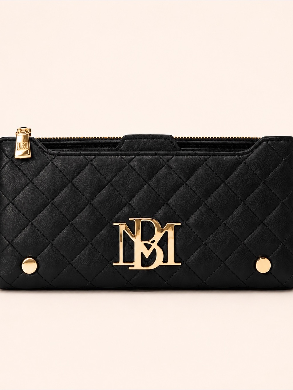 Badgley Mischka Quilted Black Snap Wallet Gold Logo